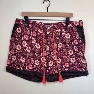 Sundance Shorts Women's Petite LG Red Floral Tassel Boho Linen Blend Summer NWT